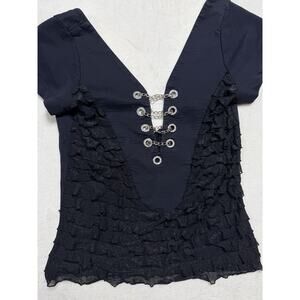 Bikers Club Black Ruffle Chain Rhinestone Lace V-Neck Top Shirt XL Goth Grunge